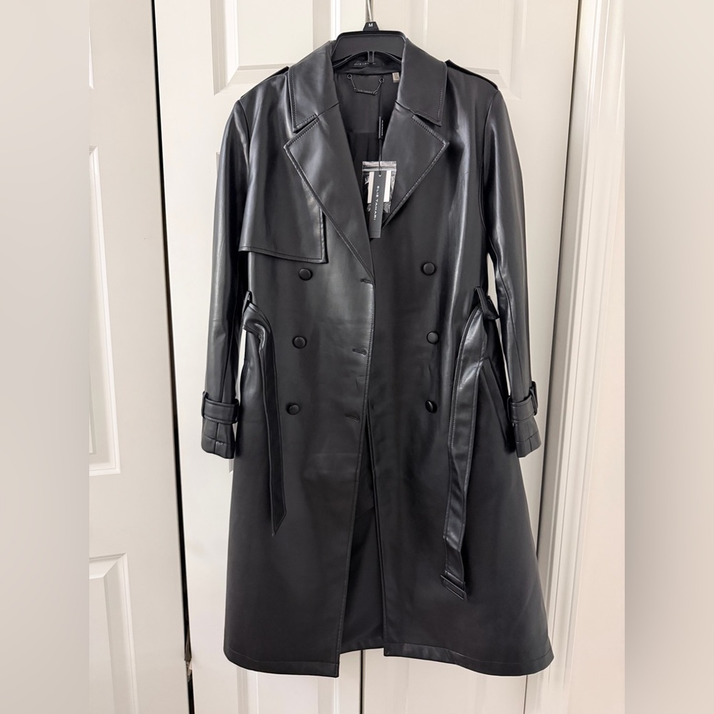 ELIE TAHARI Faux Leather Double
Breasted Belted Trench Coat